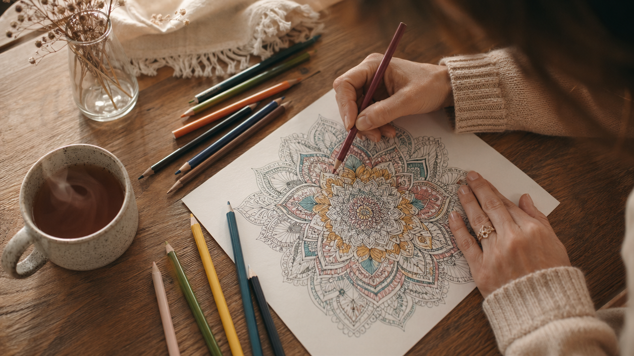 Adult coloring for anxiety — Woman's hands coloring an intricate mandala — adult coloring for anxiety practice