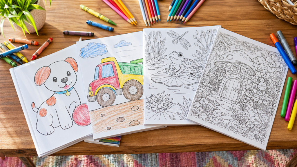 Coloring pages by age — progression from simple toddler page to detailed older-kid page