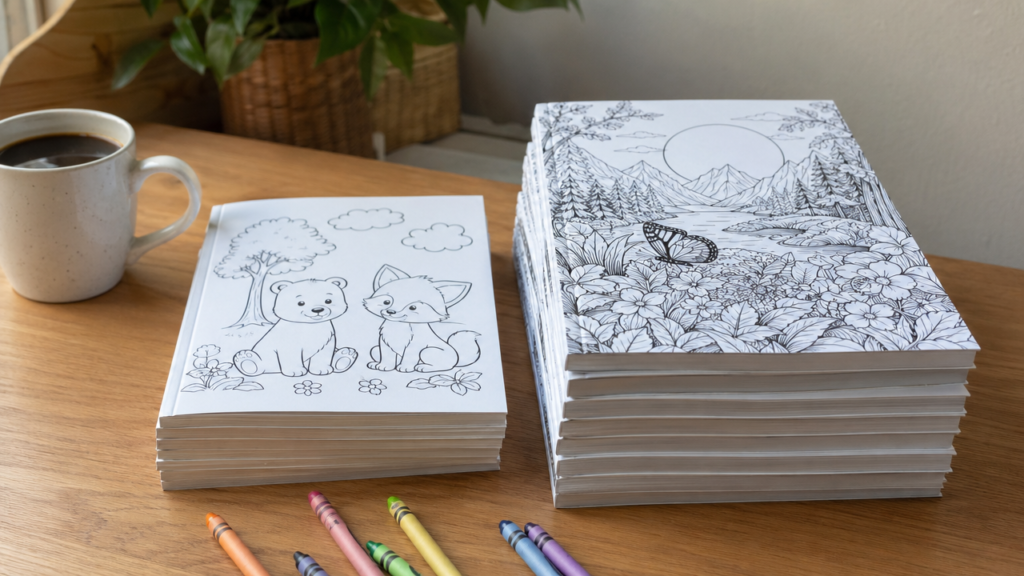 Free vs paid printable coloring books — two stacks of printables side by side on a desk