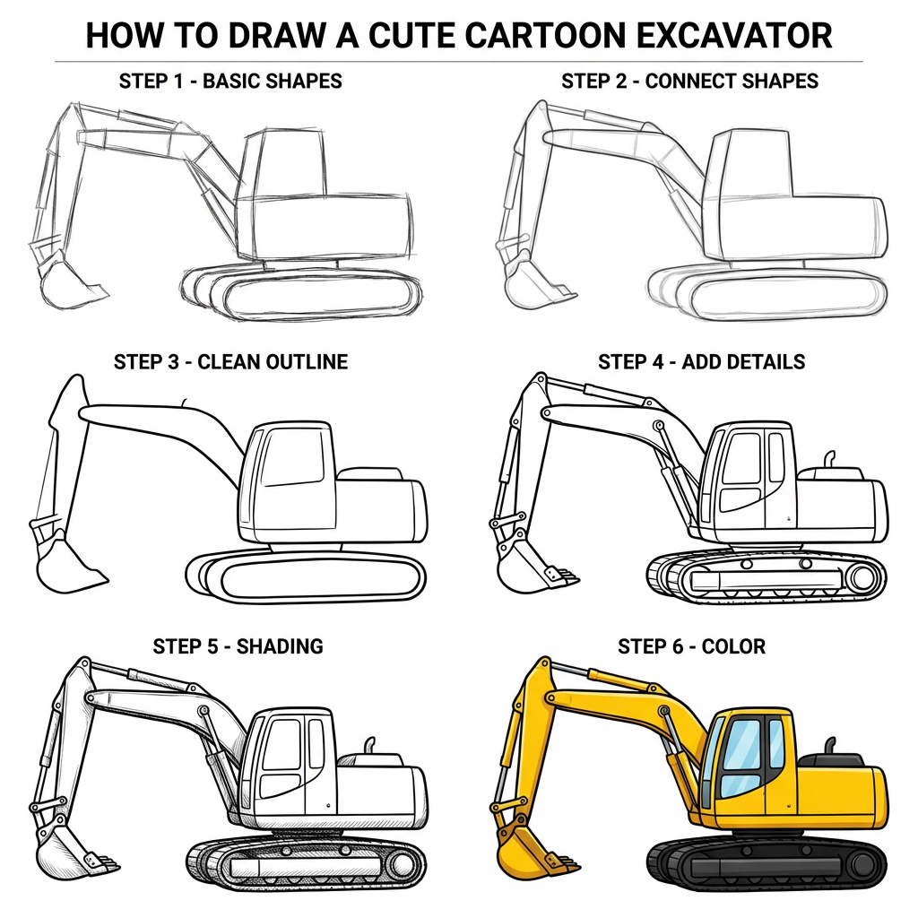 How to Draw a Excavator - Free Step-by-Step Tutorial for Kids