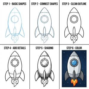 How to Draw a Rocket Ship - Free Step-by-Step Tutorial for Kids