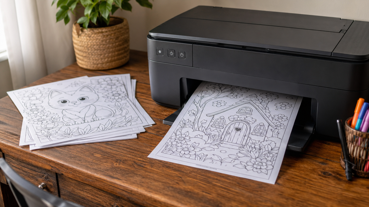 How to print coloring books at home — printer producing fresh black-and-white coloring pages