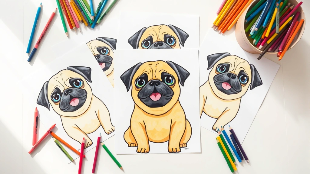 Free pug coloring pages for kids — sample printable pug coloring page on a desk with crayons