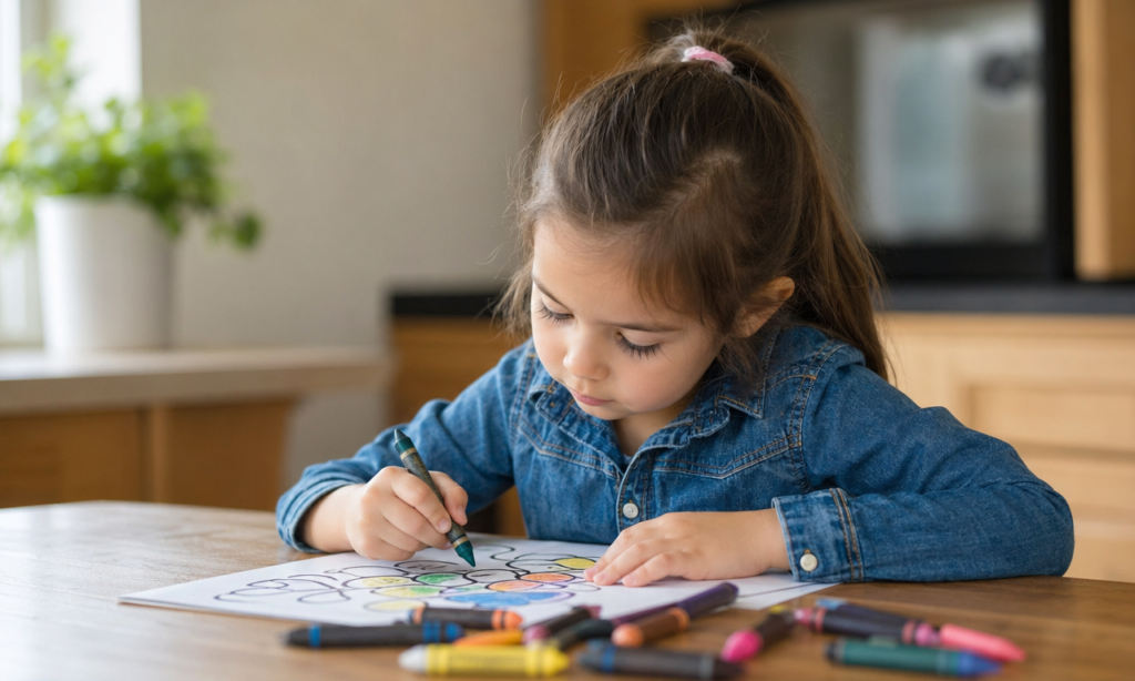 Teach kids to color inside the lines — child practicing with crayons