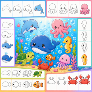 How to draw cute sea animals — printable PDF cover