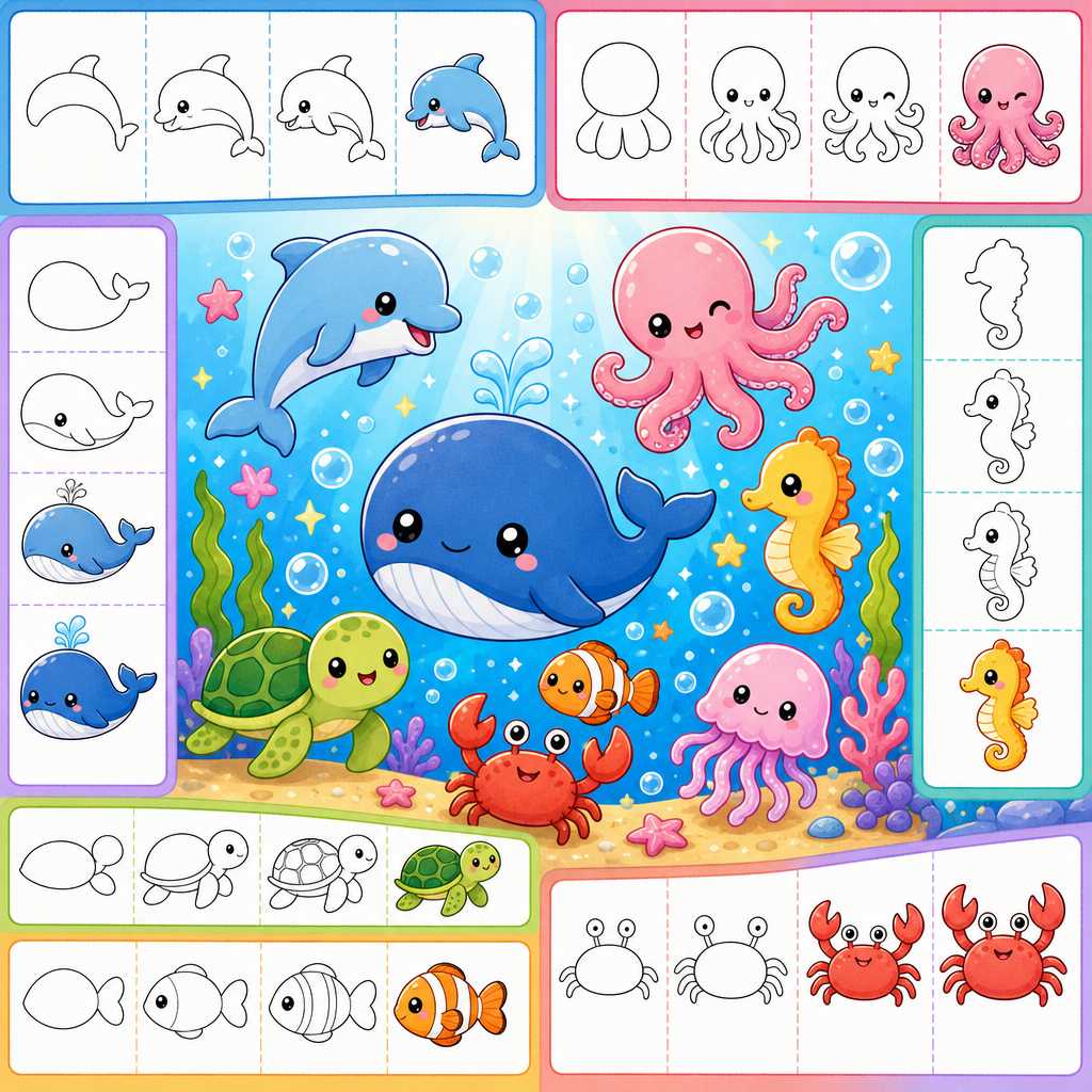 How to draw cute sea animals — printable PDF cover
