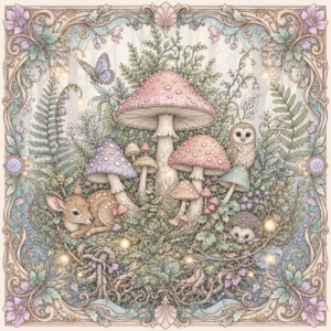 mystical forest mushrooms coloring book — printable PDF cover image