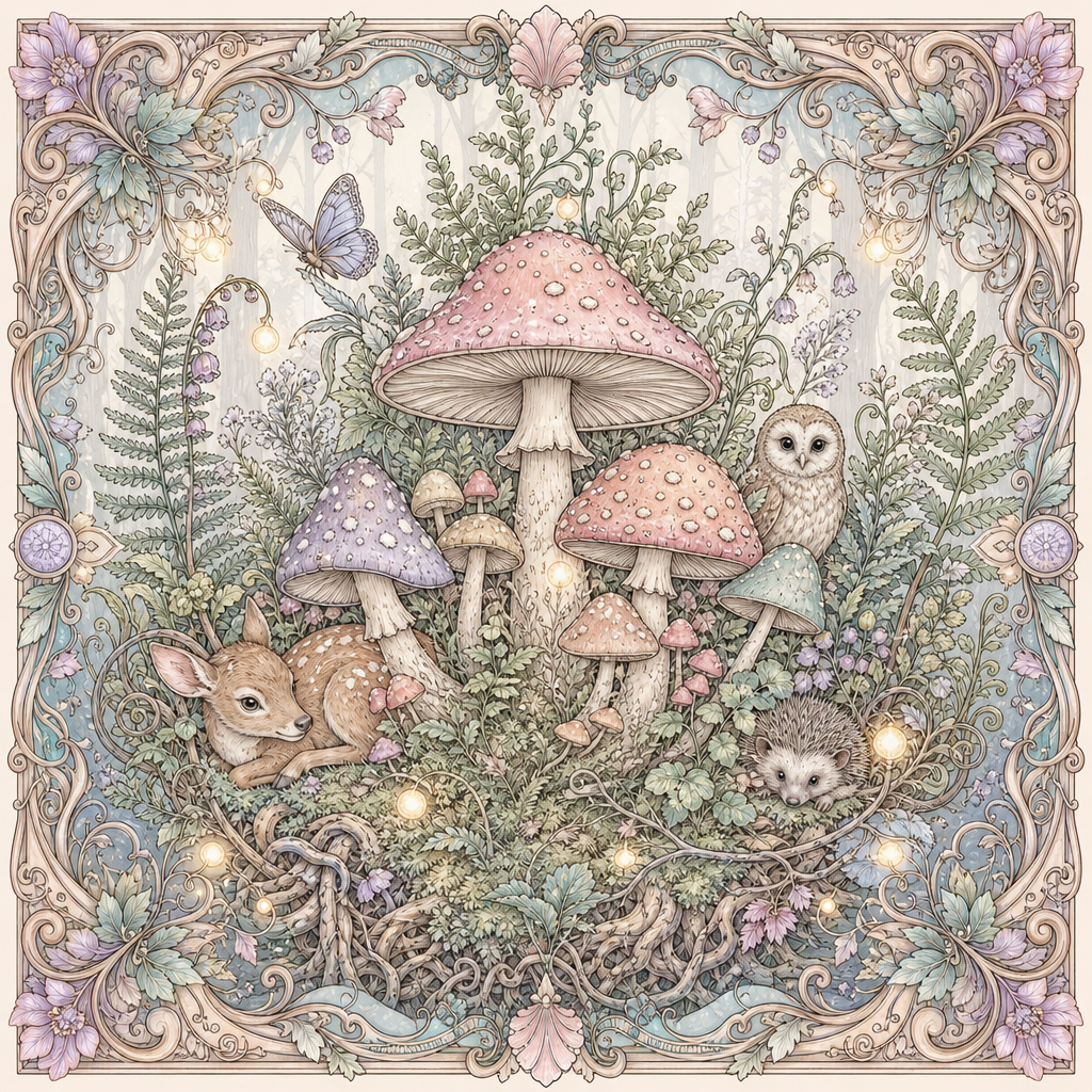 mystical forest mushrooms coloring book — printable PDF cover image