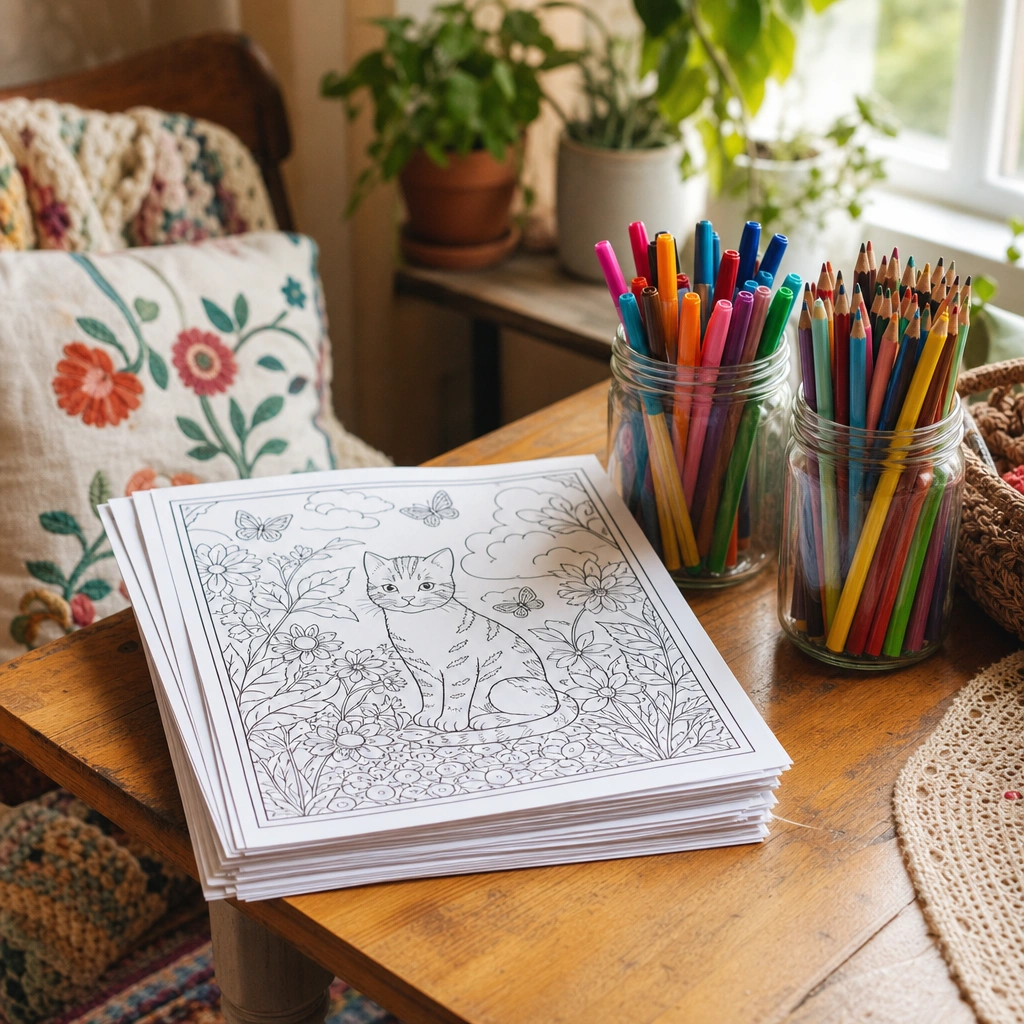 Stack of printable coloring pages beside marker and pencil jars in a home craft nook
