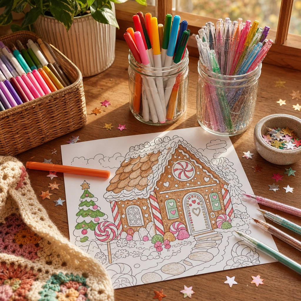 Craft corner with markers and a partially colored gingerbread house printable page