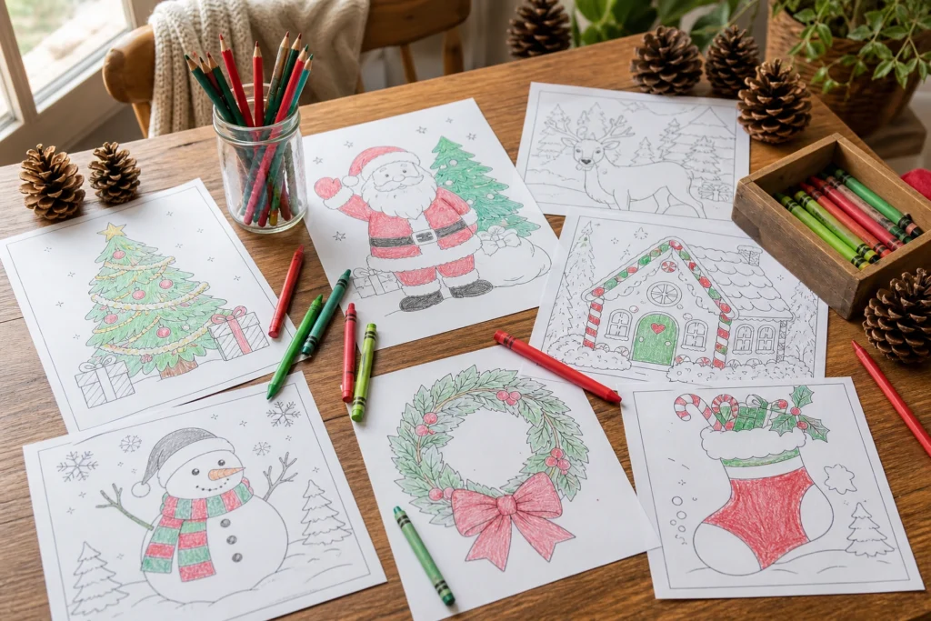 Christmas coloring pages printable spread on a wooden table with crayons and pinecones