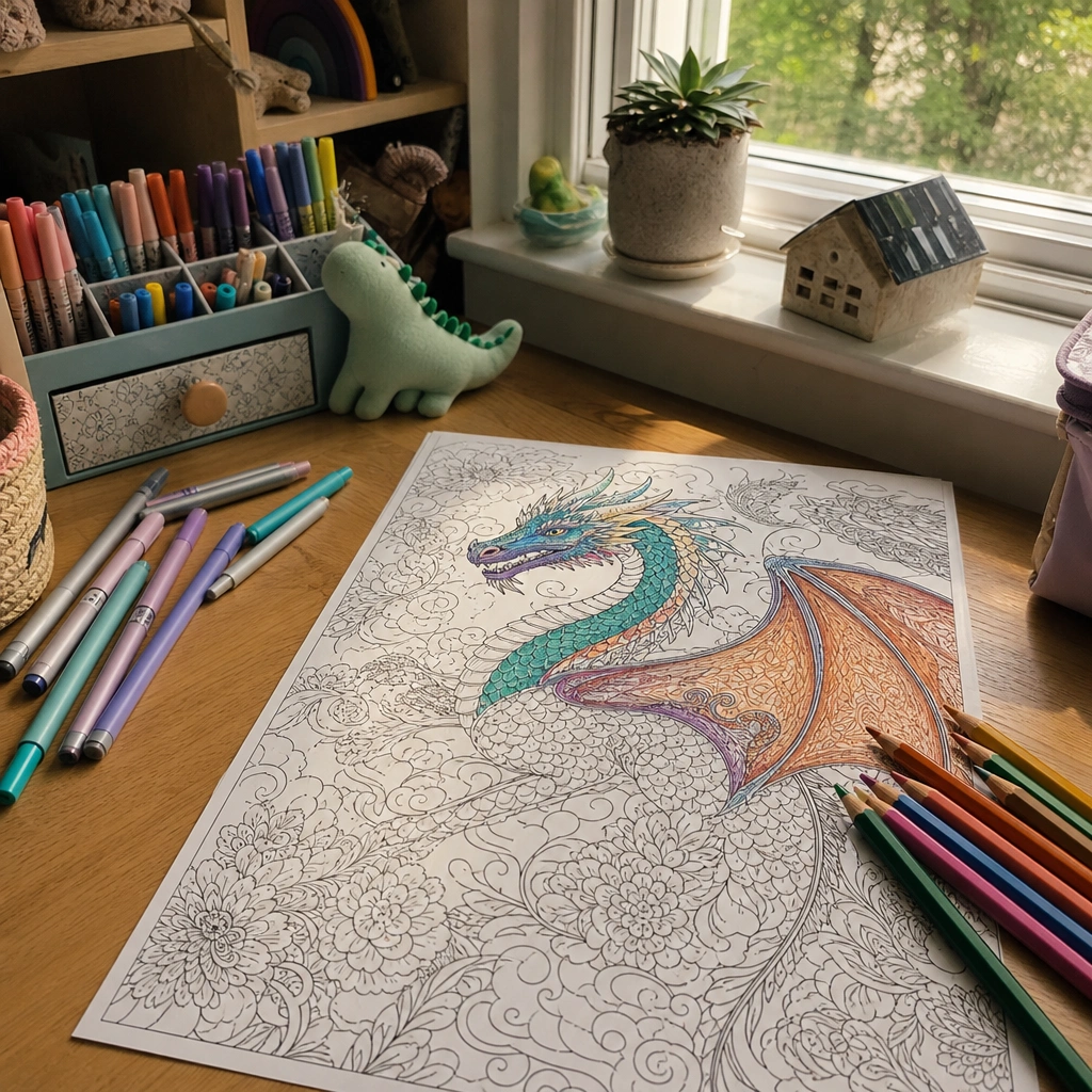 Detailed dragon coloring page for tweens with fine-tip markers on a wooden desk