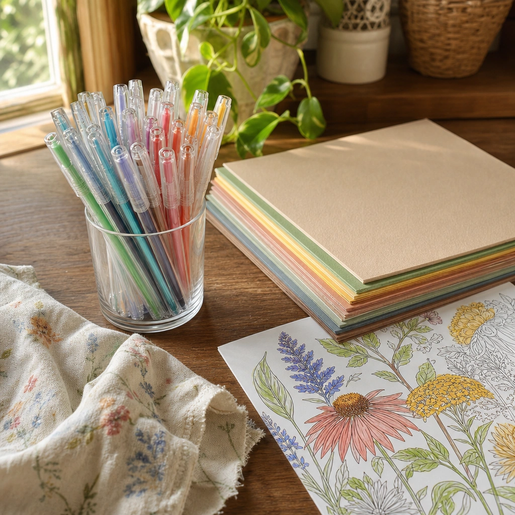 Craft supplies laid out for practicing gel pen coloring techniques on thick paper