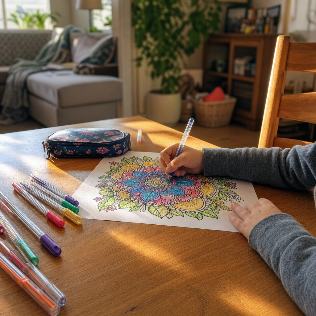A child coloring a mandala page with gel pens at a sunlit wooden table