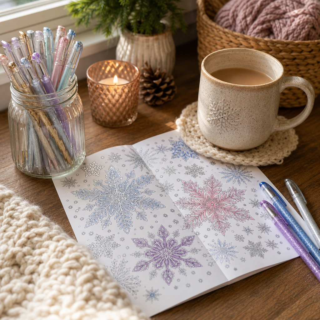 Metallic gel pens and a snowflake coloring page ready for detailed shading techniques