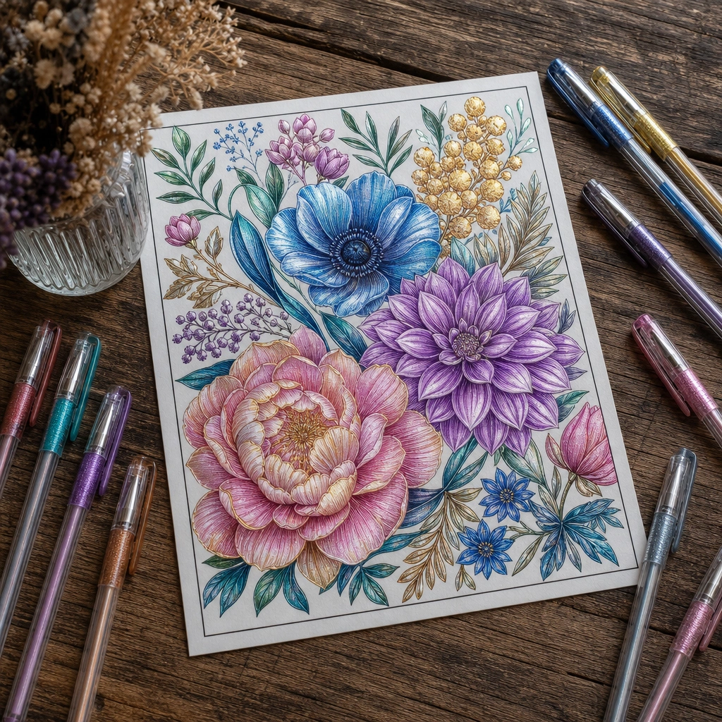A finished botanical page showing layered shading and shine from gel pen techniques