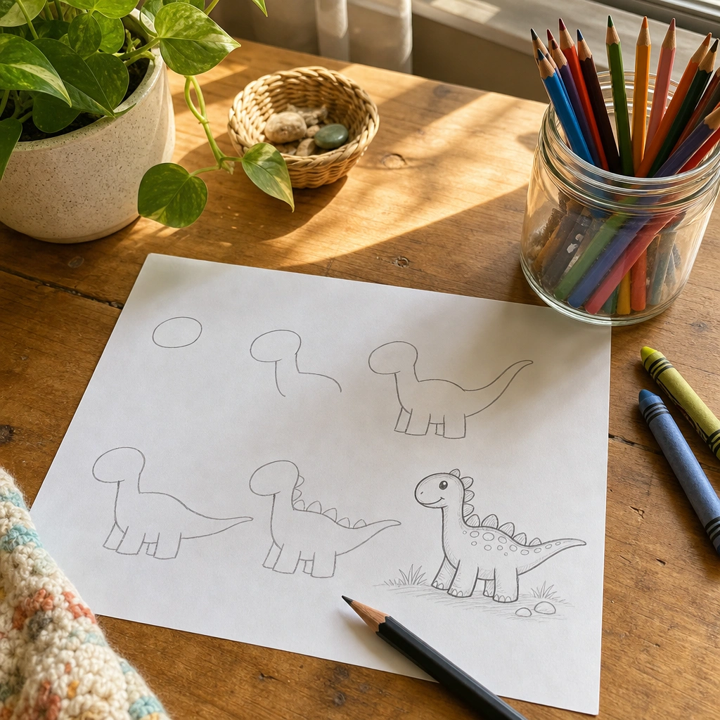 Step-by-step dinosaur sketch showing how to draw a dinosaur for kids using simple pencil shapes