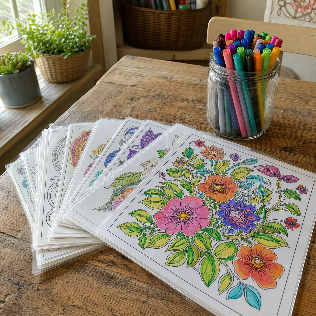 Stack of laminated and plain printed coloring pages ready for reuse