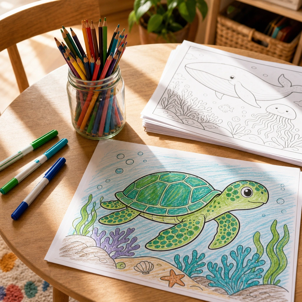 Ocean animal coloring pages of a sea turtle on a craft table with markers