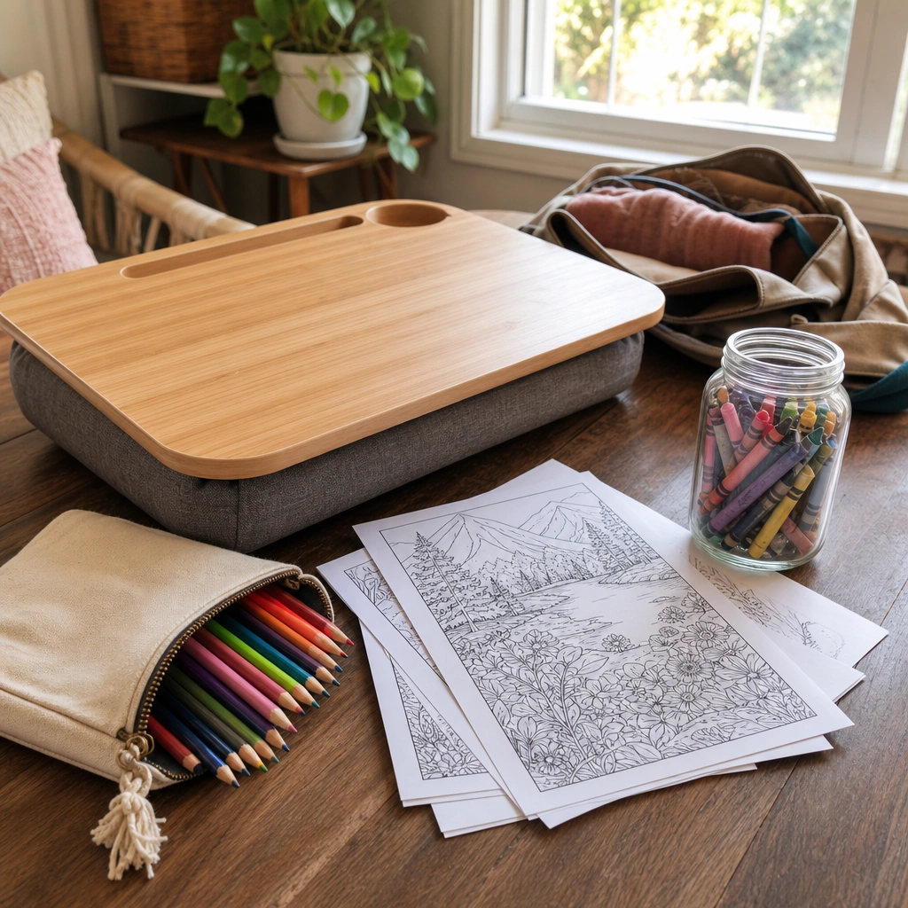 Cozy craft corner with lap desk and coloring supplies being packed for a road trip