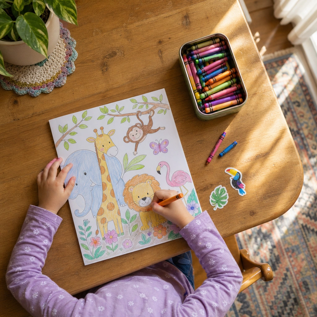 Child coloring a printable page as part of road trip activities for kids at a wooden table