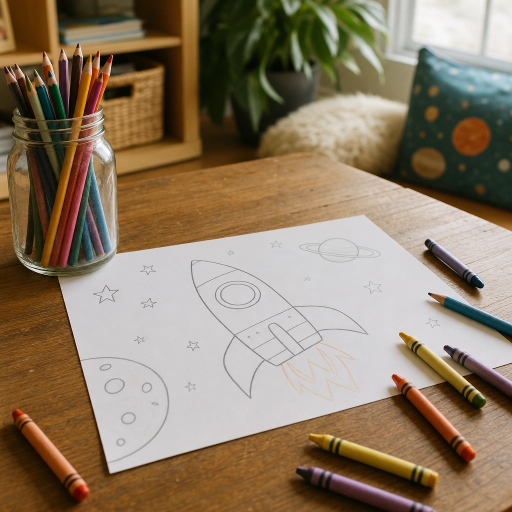 A rocket drawing in progress surrounded by colored pencils, part of space drawing for kids activity