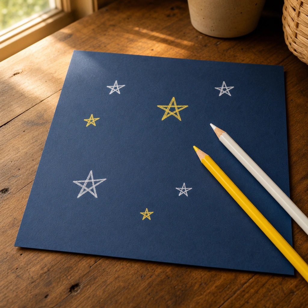 Dark paper with star shapes and colored pencils for a kids space drawing activity