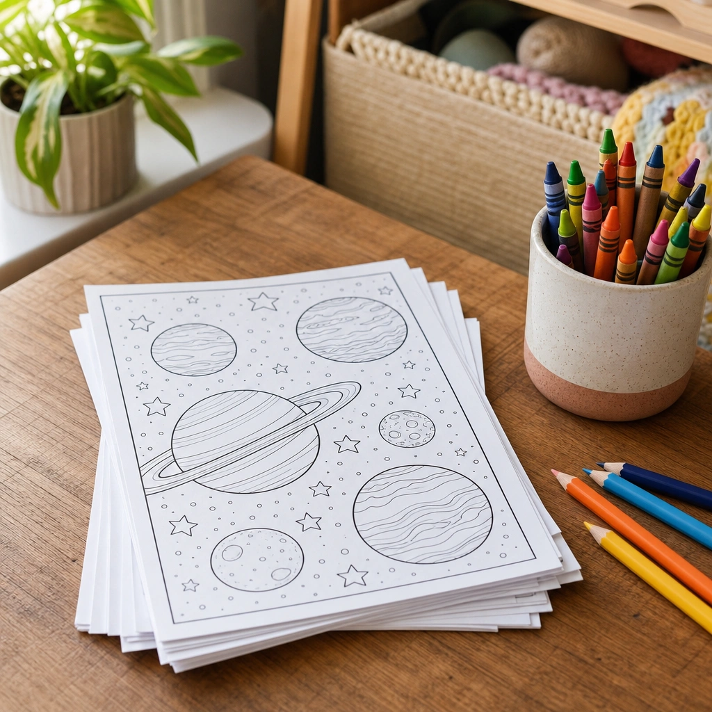 Stack of printable planet and star coloring pages next to crayons for kids space drawing